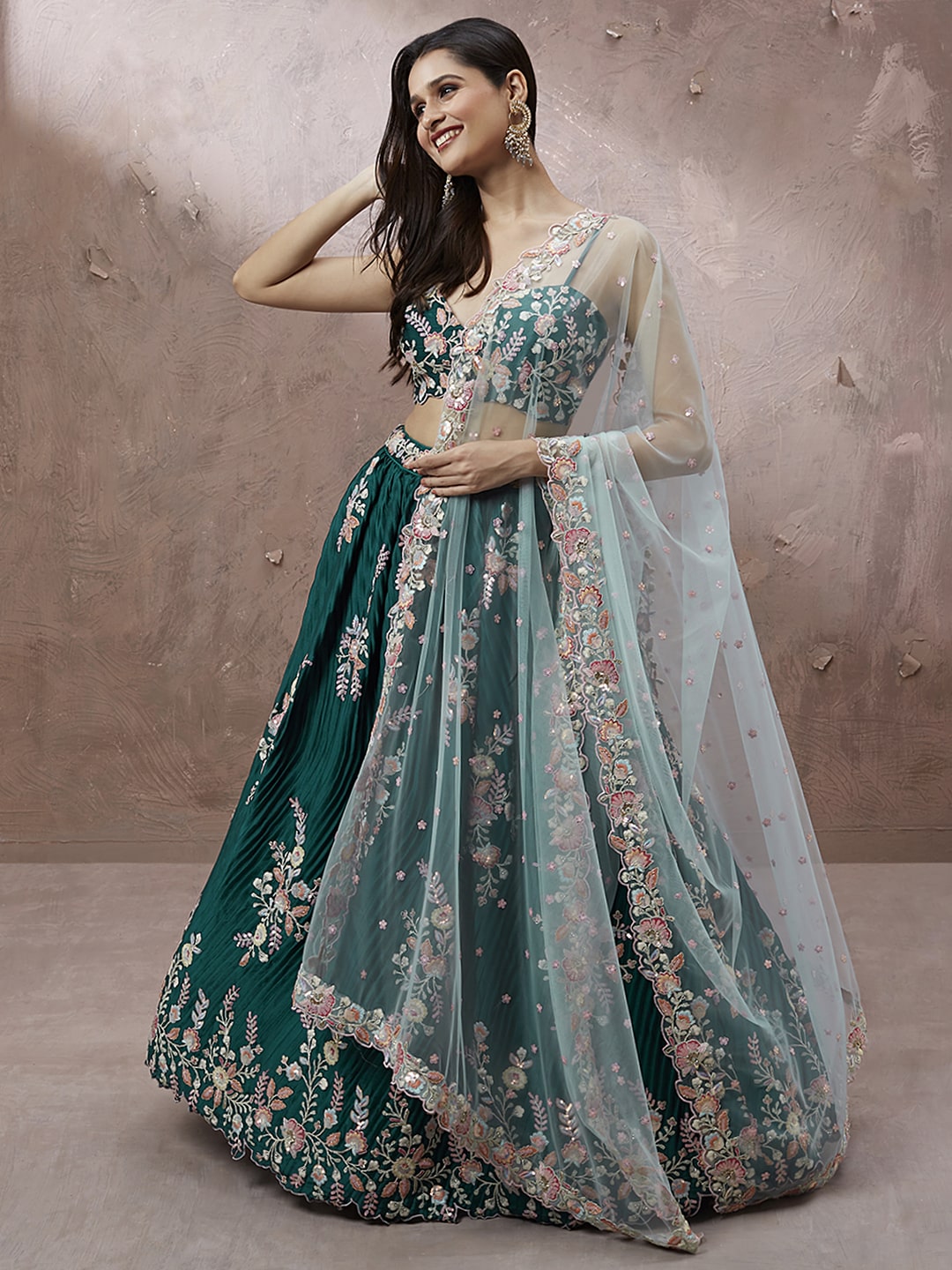 Teal Pure Georgette Lehenga With Net Dupatta And Sequins & Thread Work
