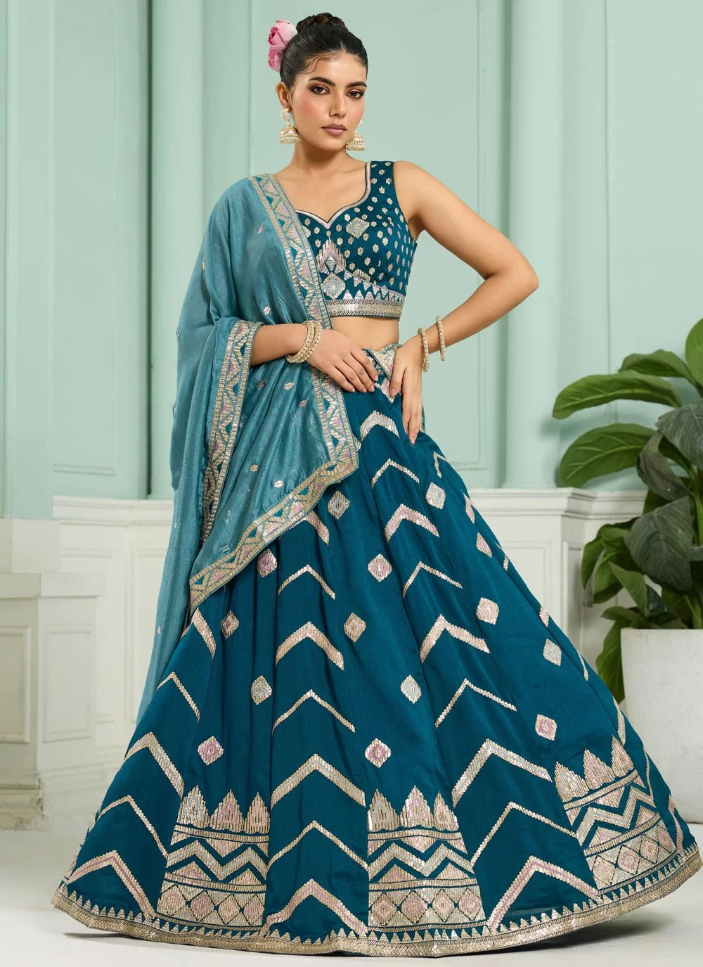 Teal 3.2 meter flare wedding lehenga for bridesmaid