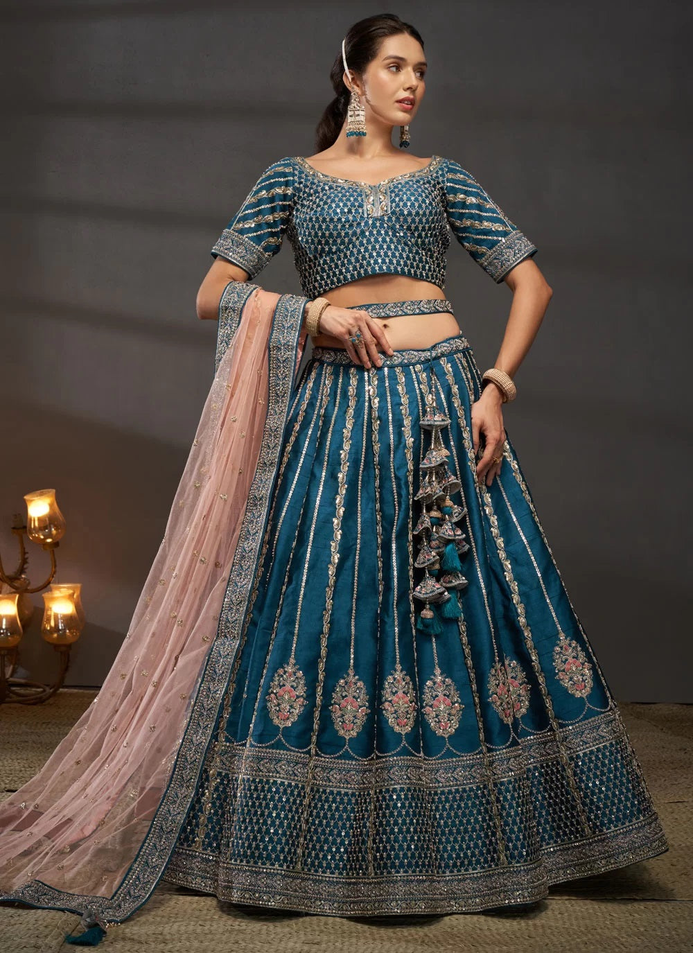 Teal Silk Zarkan And Sequins Party Wear Lehenga Choli