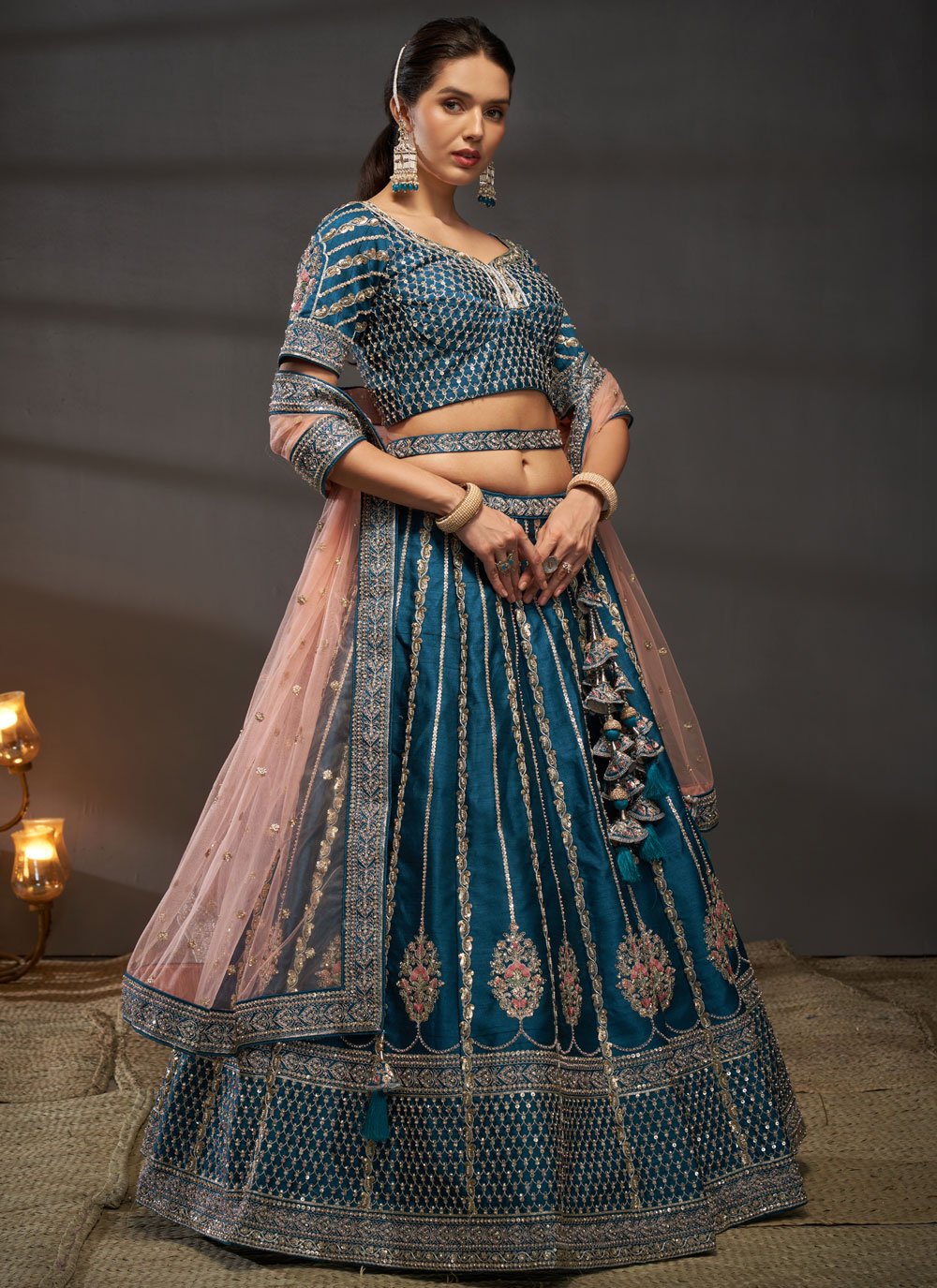 Teal Silk Zarkan And Sequins Party Wear Lehenga Choli