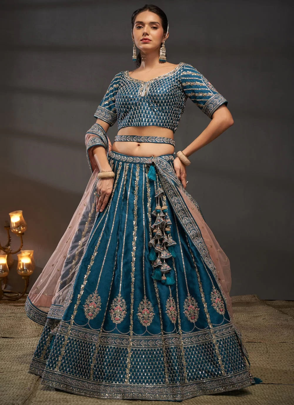 Teal Silk Zarkan And Sequins Party Wear Lehenga Choli