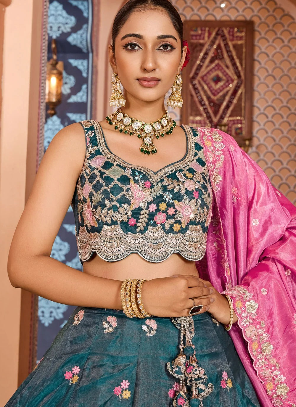 Full flare teal tissue lehenga for women