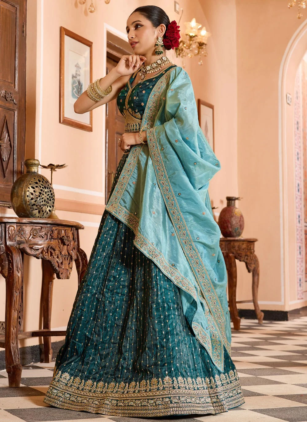 Teal Reception Lehenga | Designer Tissue Silk Wedding Wear