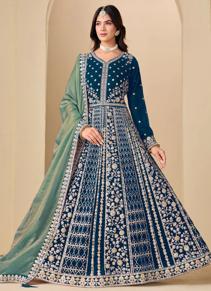 Teal Velvet Anarkali Suit