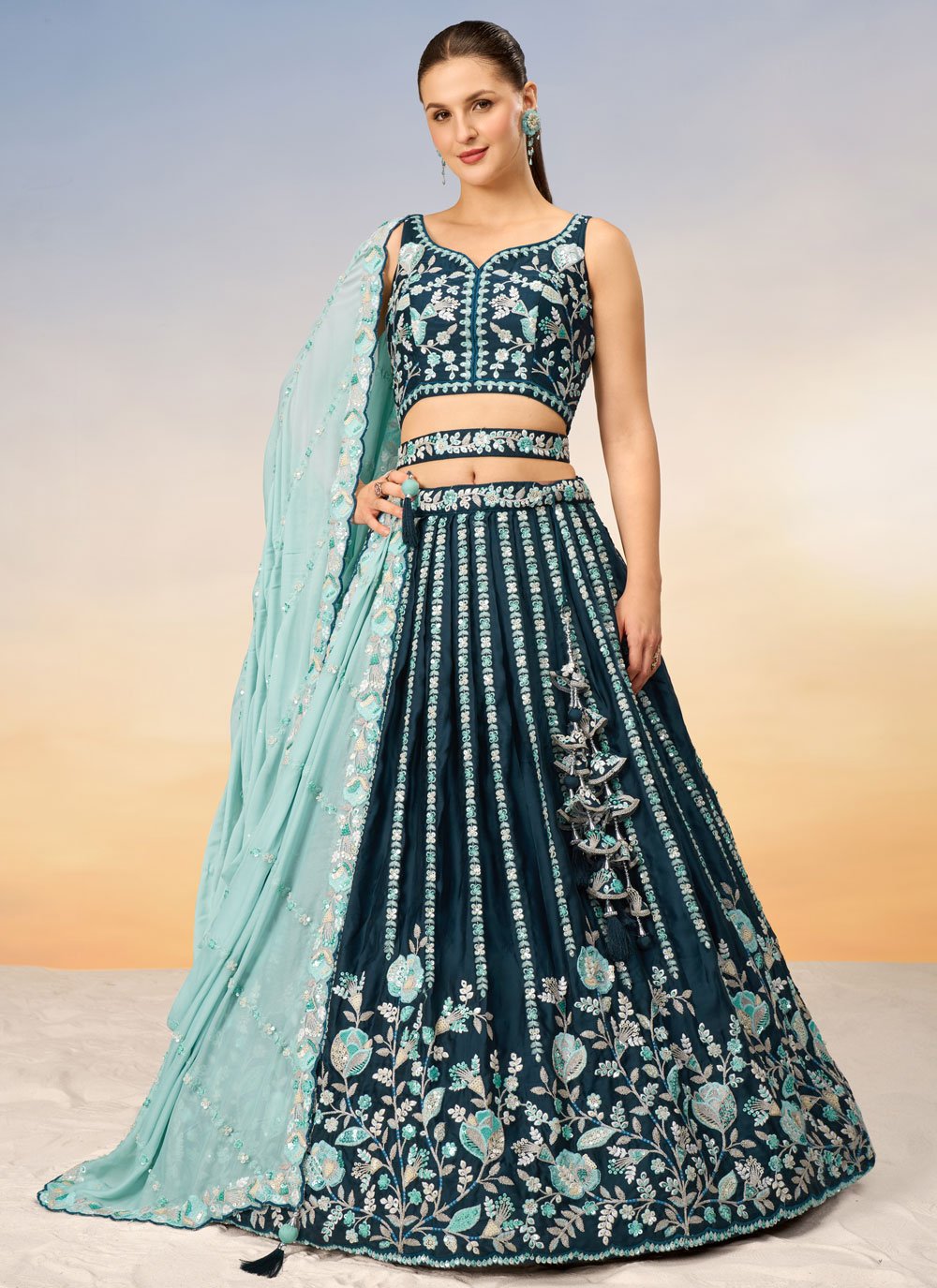 Teal Vibrant Ethnic Bridesmaid Lehenga with Traditional Sequins and Thread Embroidery