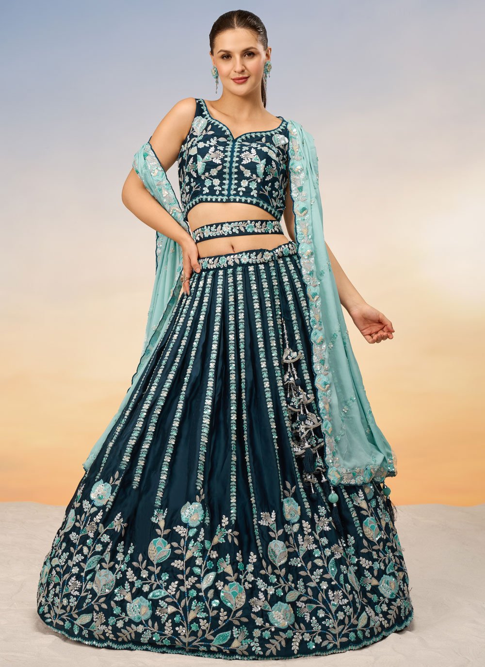 Teal Vibrant Ethnic Bridesmaid Lehenga with Traditional Sequins and Thread Embroidery