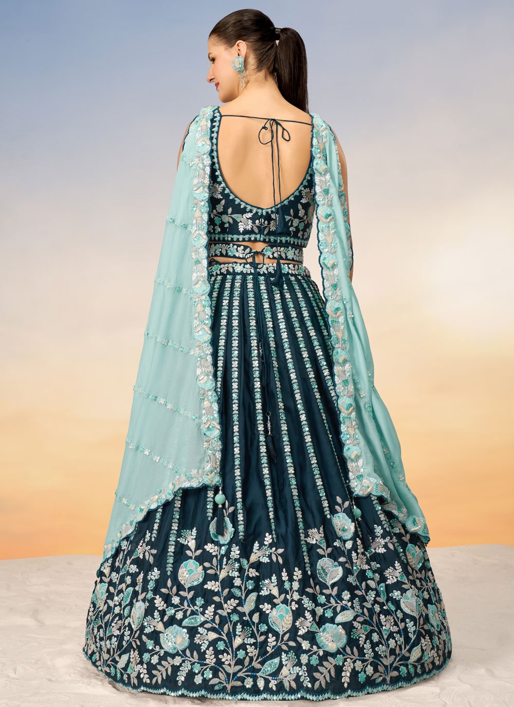 Teal Vibrant Ethnic Bridesmaid Lehenga with Traditional Sequins and Thread Embroidery