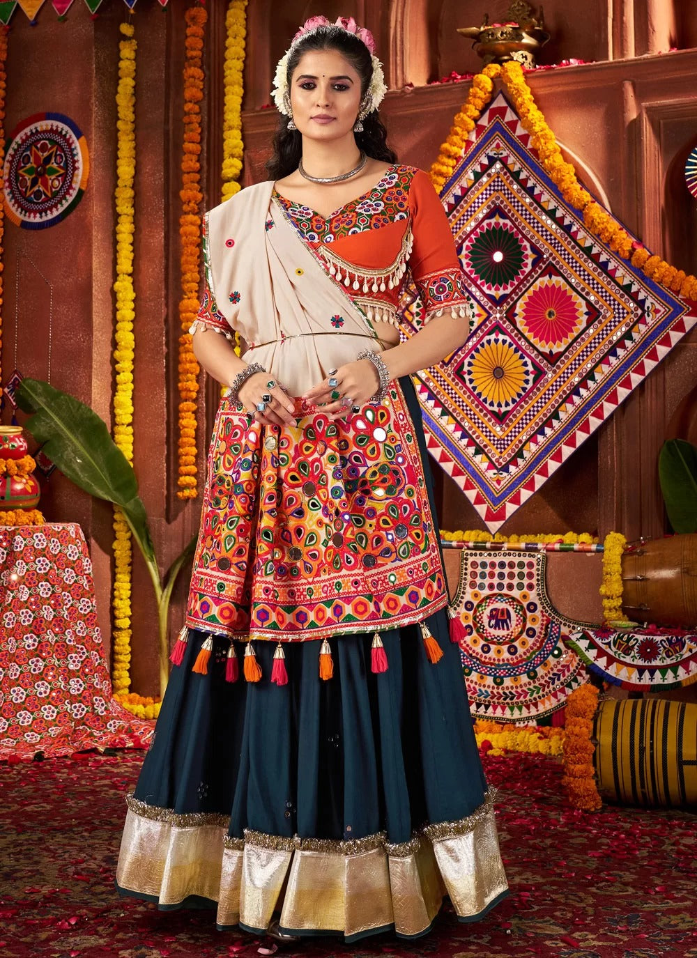 Beige dupatta with mirror work and tassels for Navratri dress