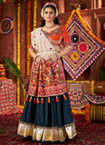 Beige dupatta with mirror work and tassels for Navratri dress