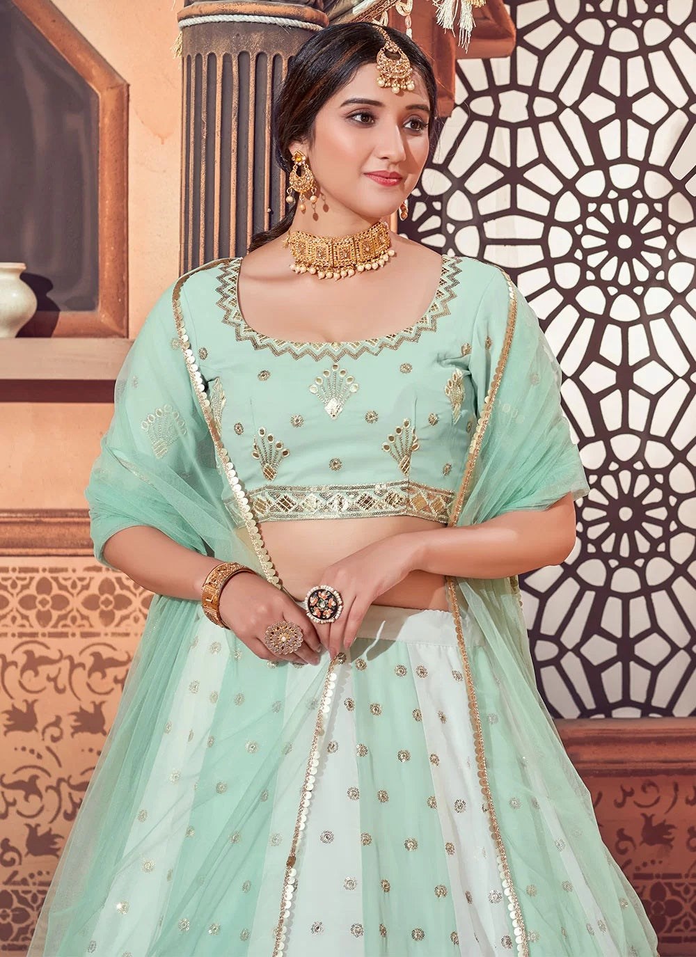 Thread with Sequince Embroidered work Indian Lehenga Choli In Green