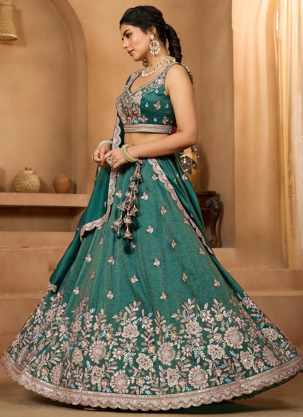 Radiant green tissue designer lehenga with sequin, stone and coding embroidery, cutwork dupatta and 3.5m flair