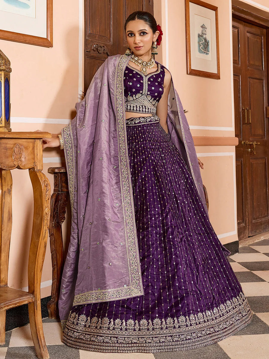 Royal purple engagement lehenga with zari embroidery