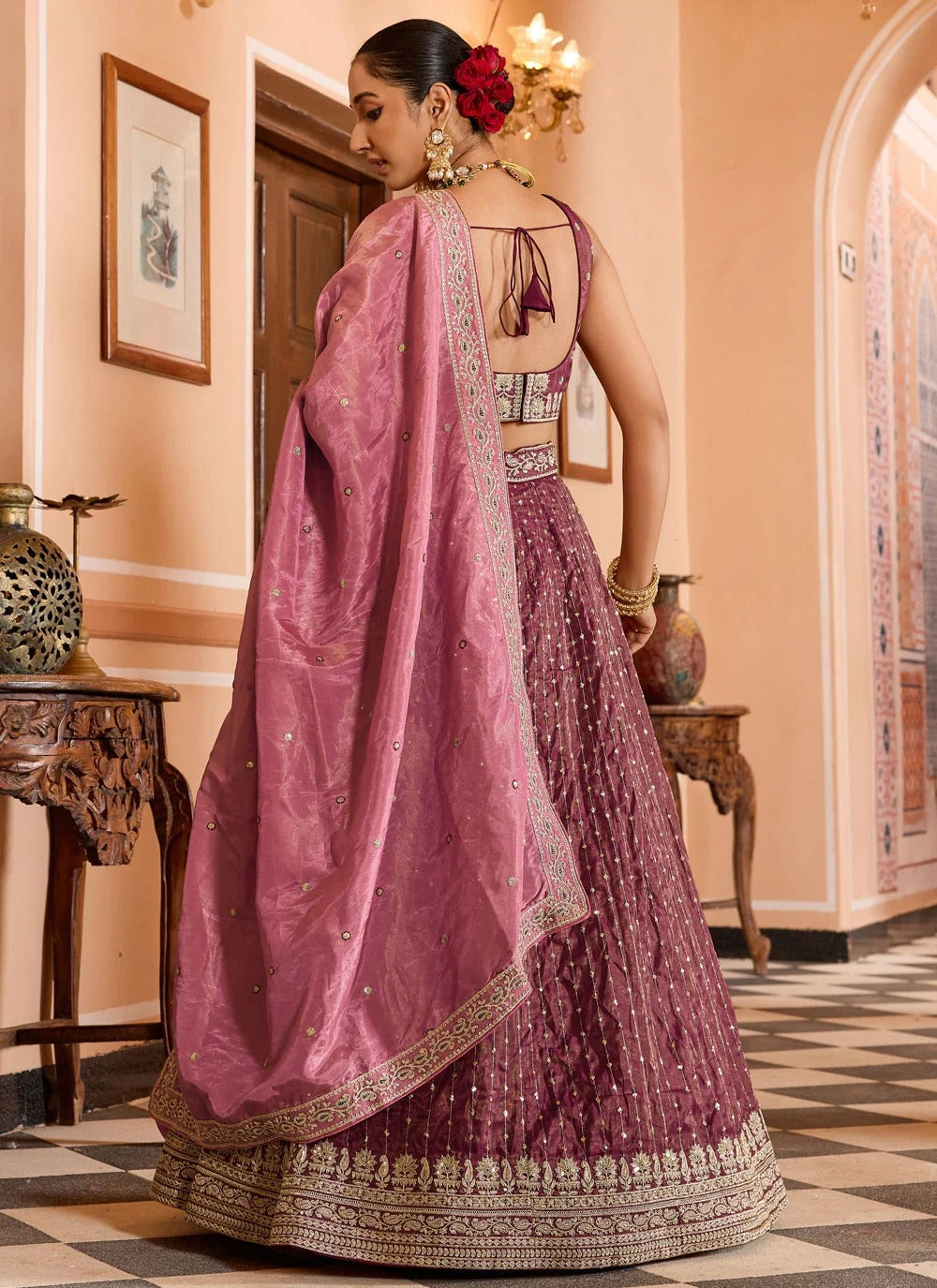 Rose Gold Wedding Guest Lehenga with Sequins & Coding Work