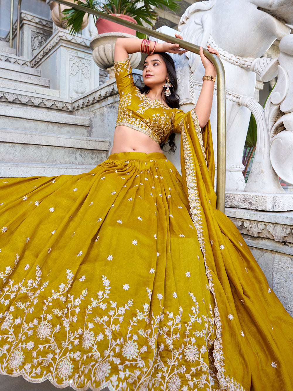 Mustard Color Sequins And Thread Embroidery Work With Vichitra Silk Lehenga Choli