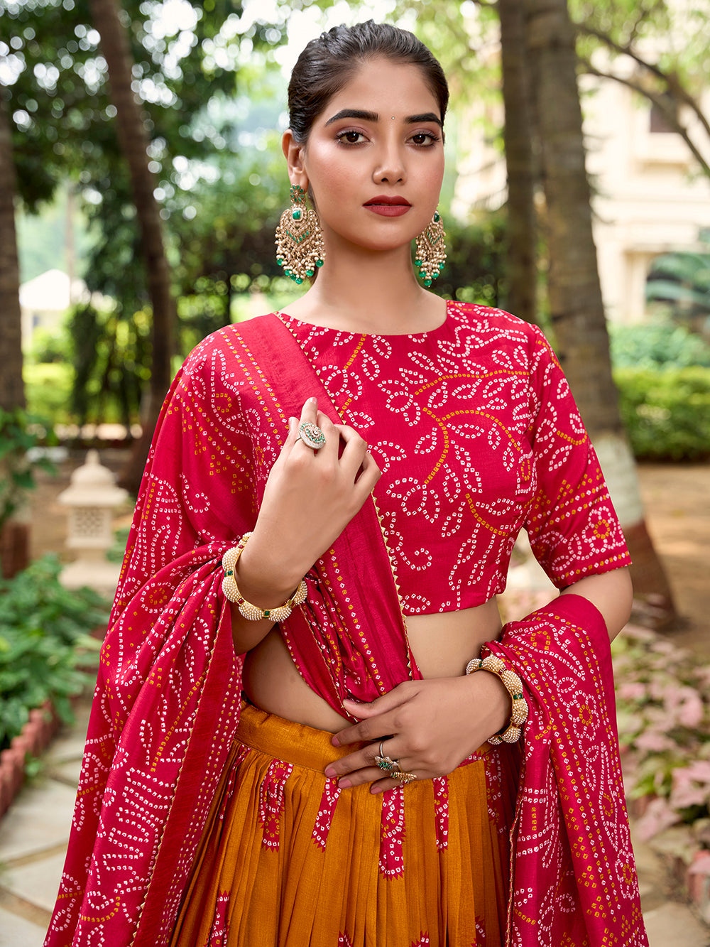 Mustard Color Bandhej Printed Tussar Silk Women Wear Lehenga Choli