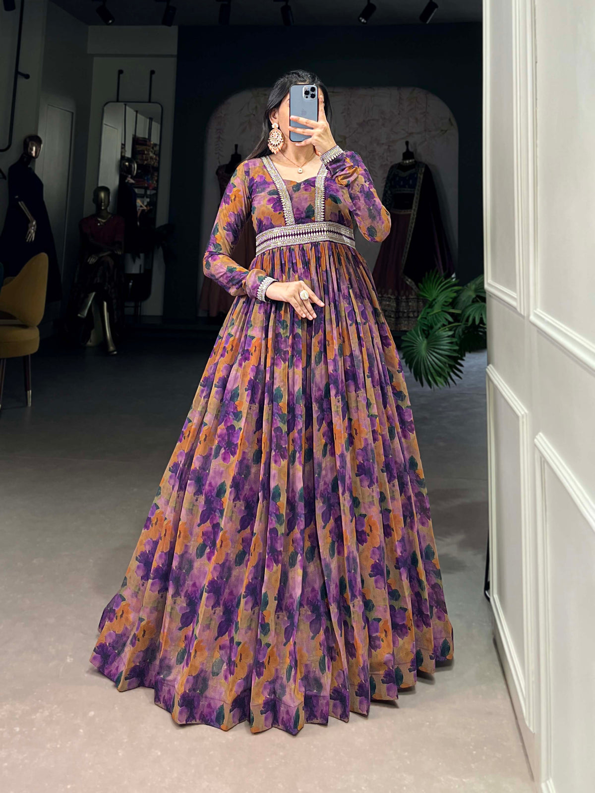 Purple Color Floral Print With Lace Border Georgette Gown