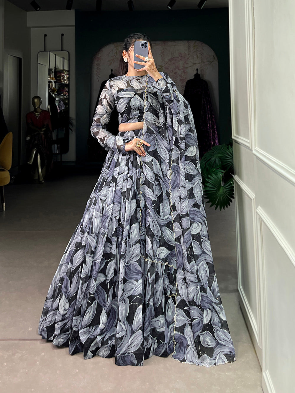 Black Color Printed With Hotfix Tubby Silk Lehenga Choli
