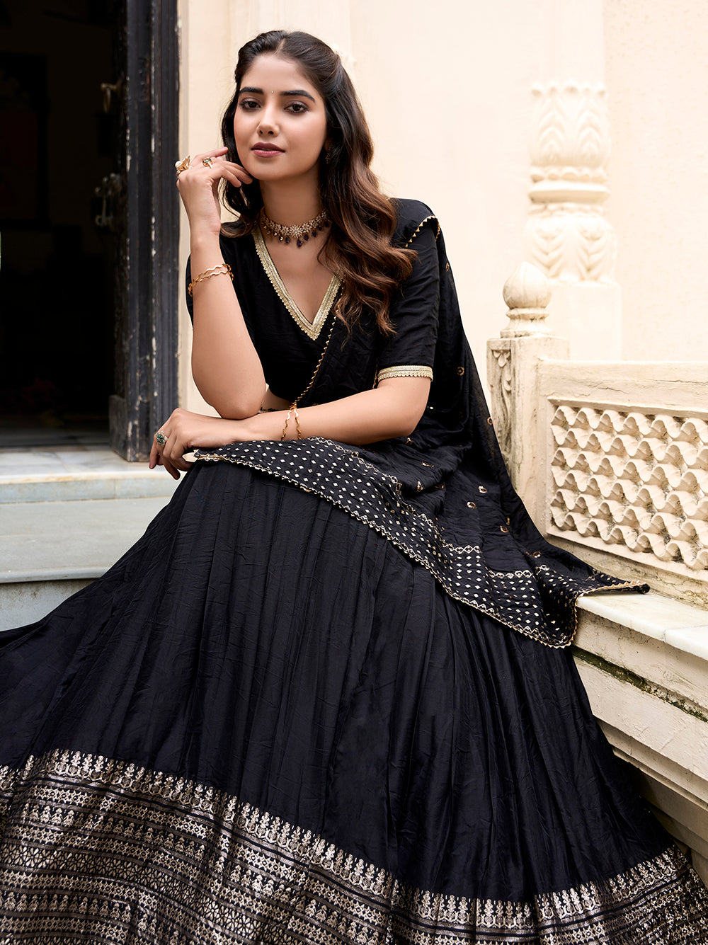 Black Chanderi silk lehenga choli with zari work and dupatta for festive occasions