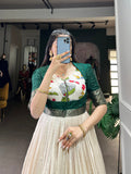 Green Color Kalamkari Print With Zari Weaving Border Dola Silk Gown