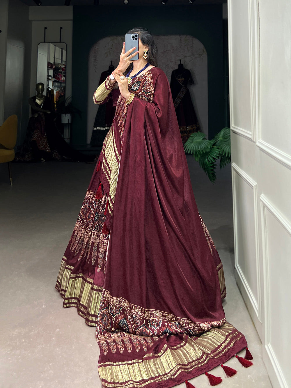 Elegant Maroon Lagdi Patta Gaji Silk Navratri Lehenga Choli With Dupatta