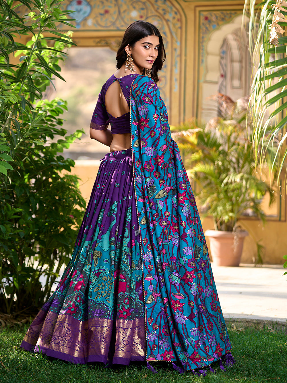 Purple Color Kalamkari Print With Foil Work Tasar Silk Lehenga Choli