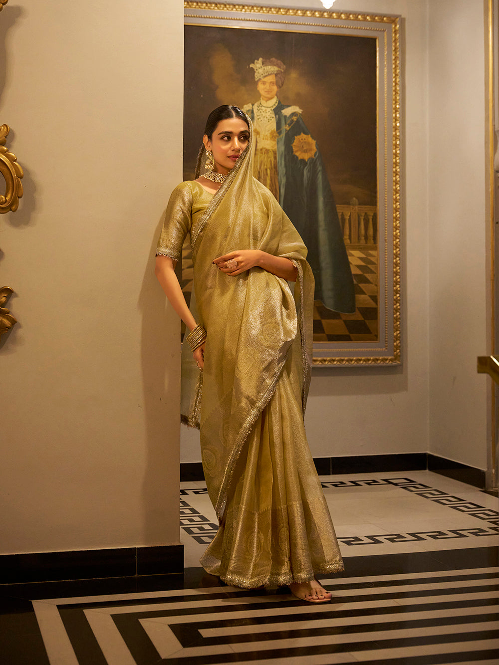 Gold zari weaving tissue shimmer saree