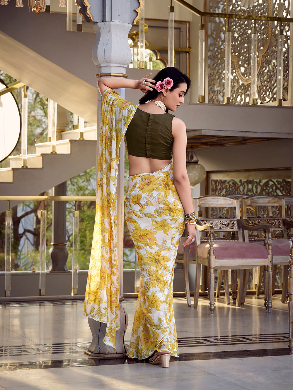 Elegant yellow printed saree for festivals
