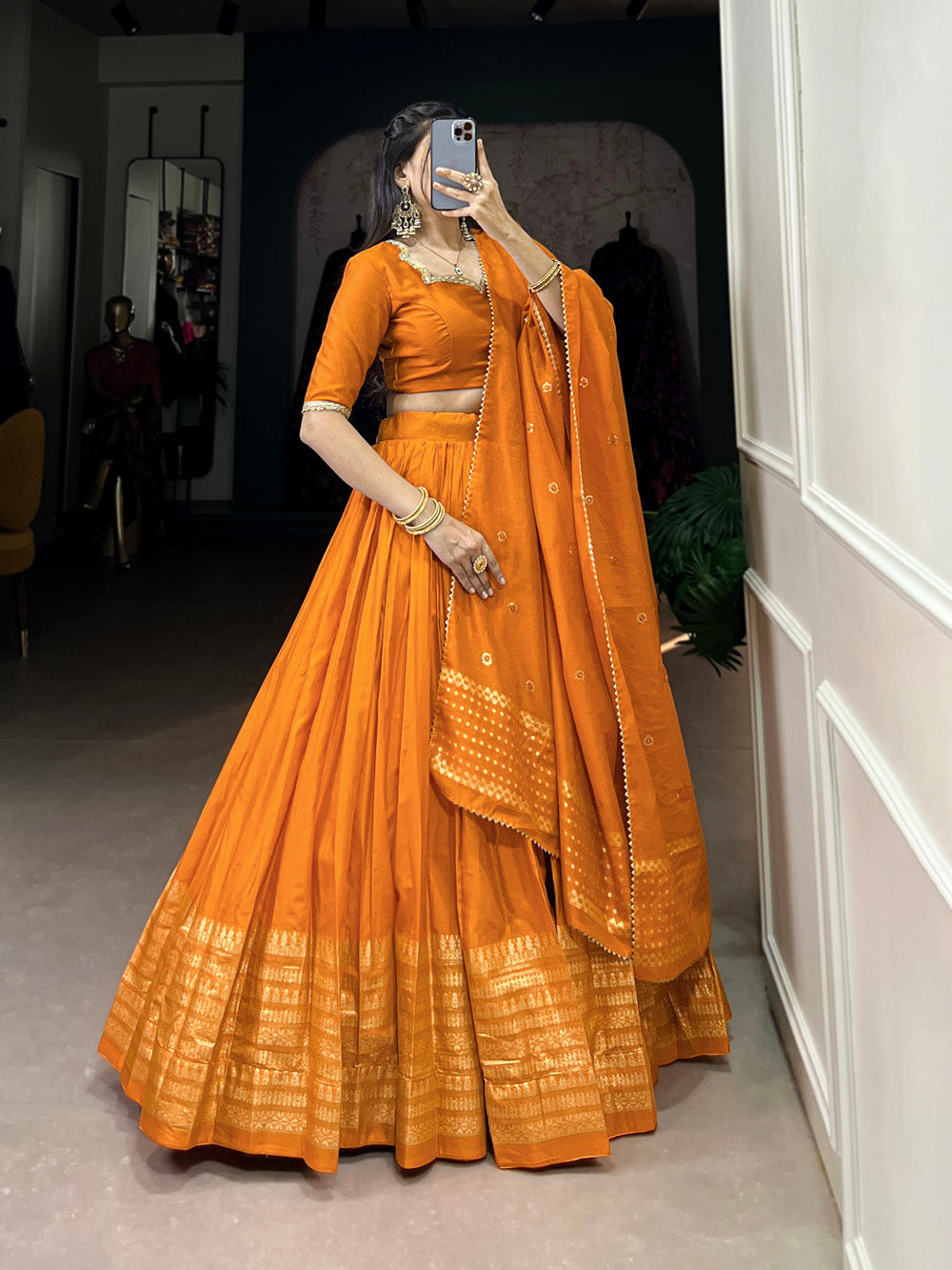 Orange Color Plain  With  Zari Weaving Work Chanderi Lehenga Choli