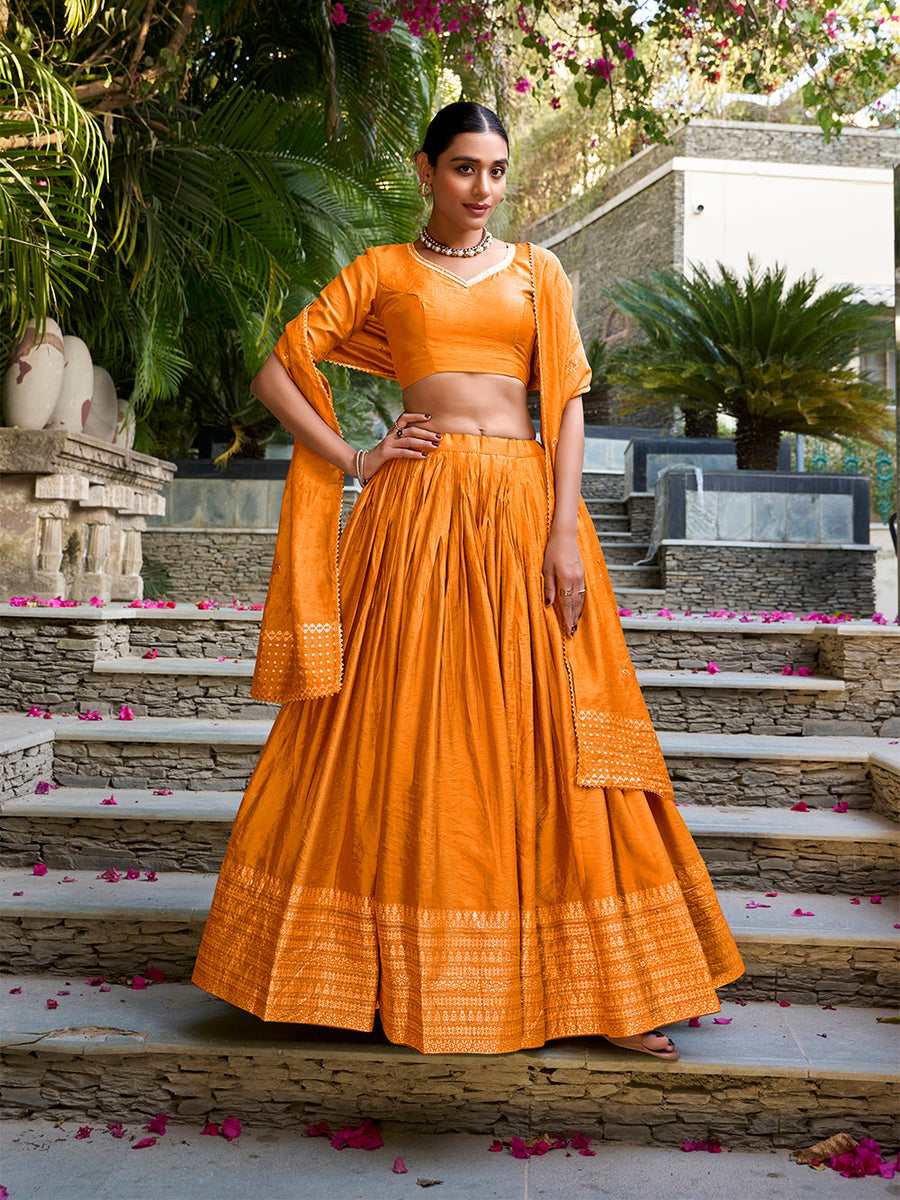 Orange Color Plain  With  Zari Weaving Work Chanderi Lehenga Choli