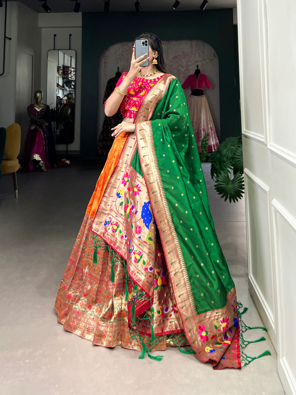 Orange Color Jacquard (Paithani) Zari Weaving Work South Indian Lehenga Choli