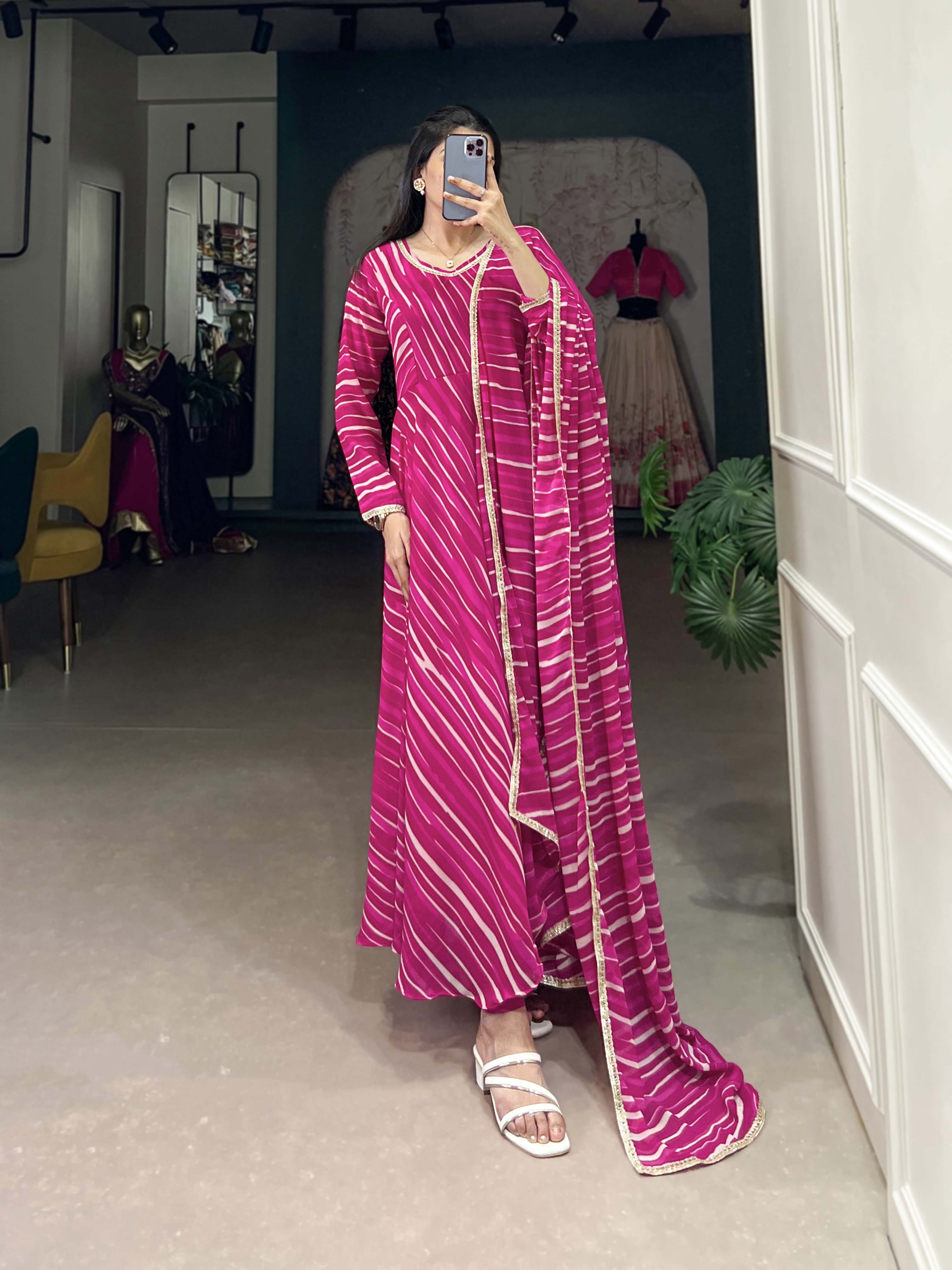Pink Color Leheriya With Lace Touch Up Georgette Gown