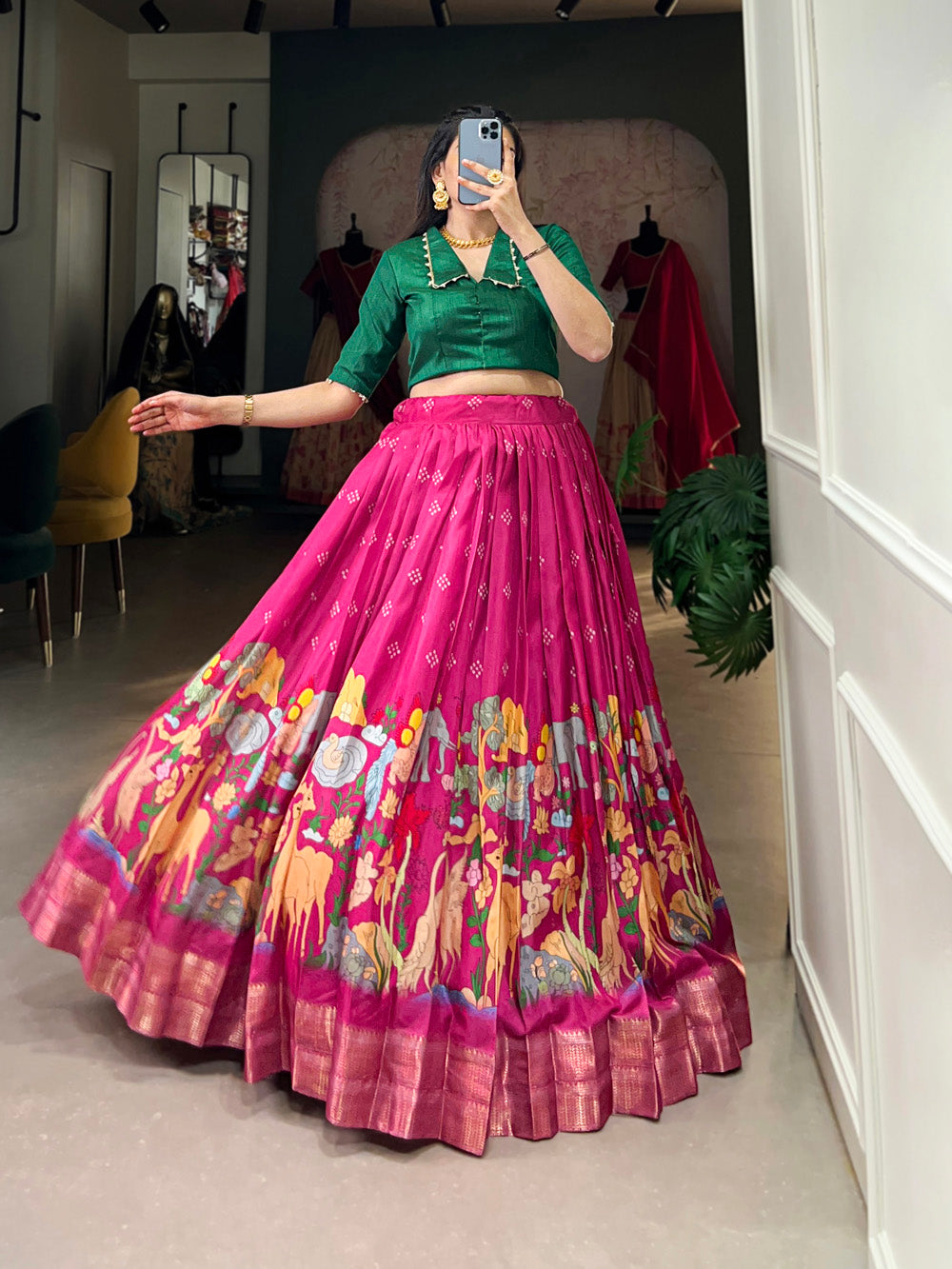 Pink Color Kalamkari Print With Zari Weaving Border Dola Silk Lehenga Choli