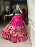 Pink Color Kalamkari Print With Zari Weaving Border Dola Silk Lehenga Choli