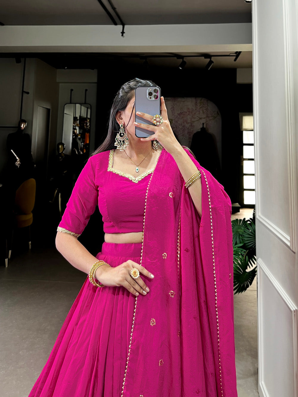 Pink Color Plain With Zari Weaving Work Chanderi Lehenga Choli