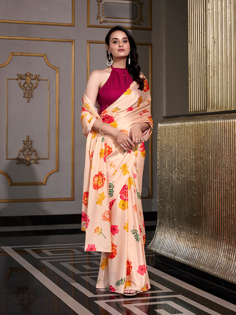Floral satin silk saree for festive wear