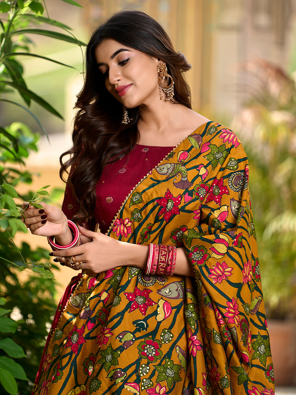 Red Color Kalamkari Print With Foil Work Tasar Silk Lehenga Choli