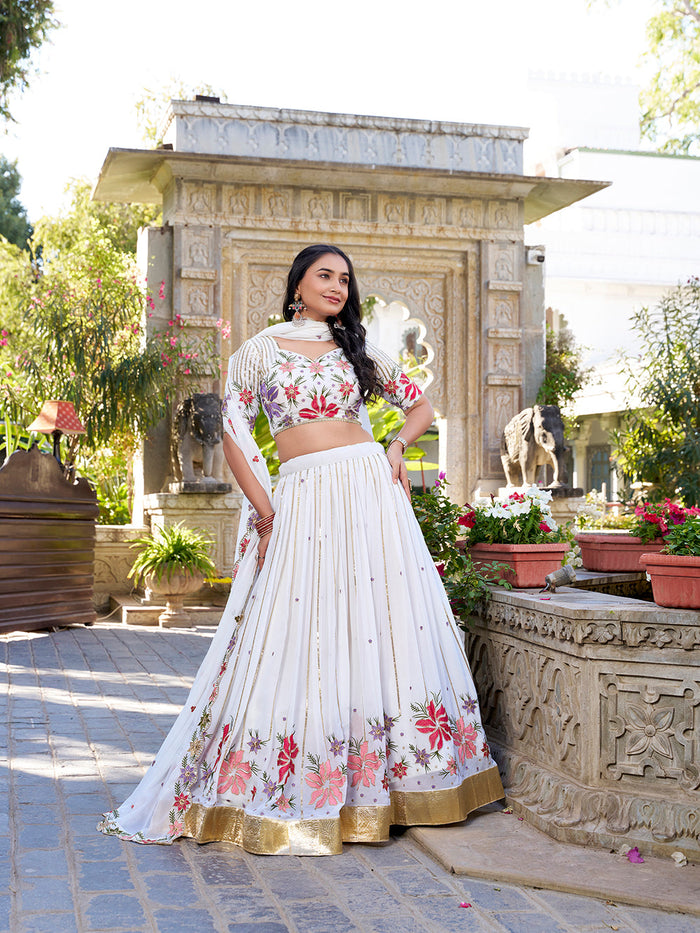 White georgette wedding lehenga choli with sequins embroidery