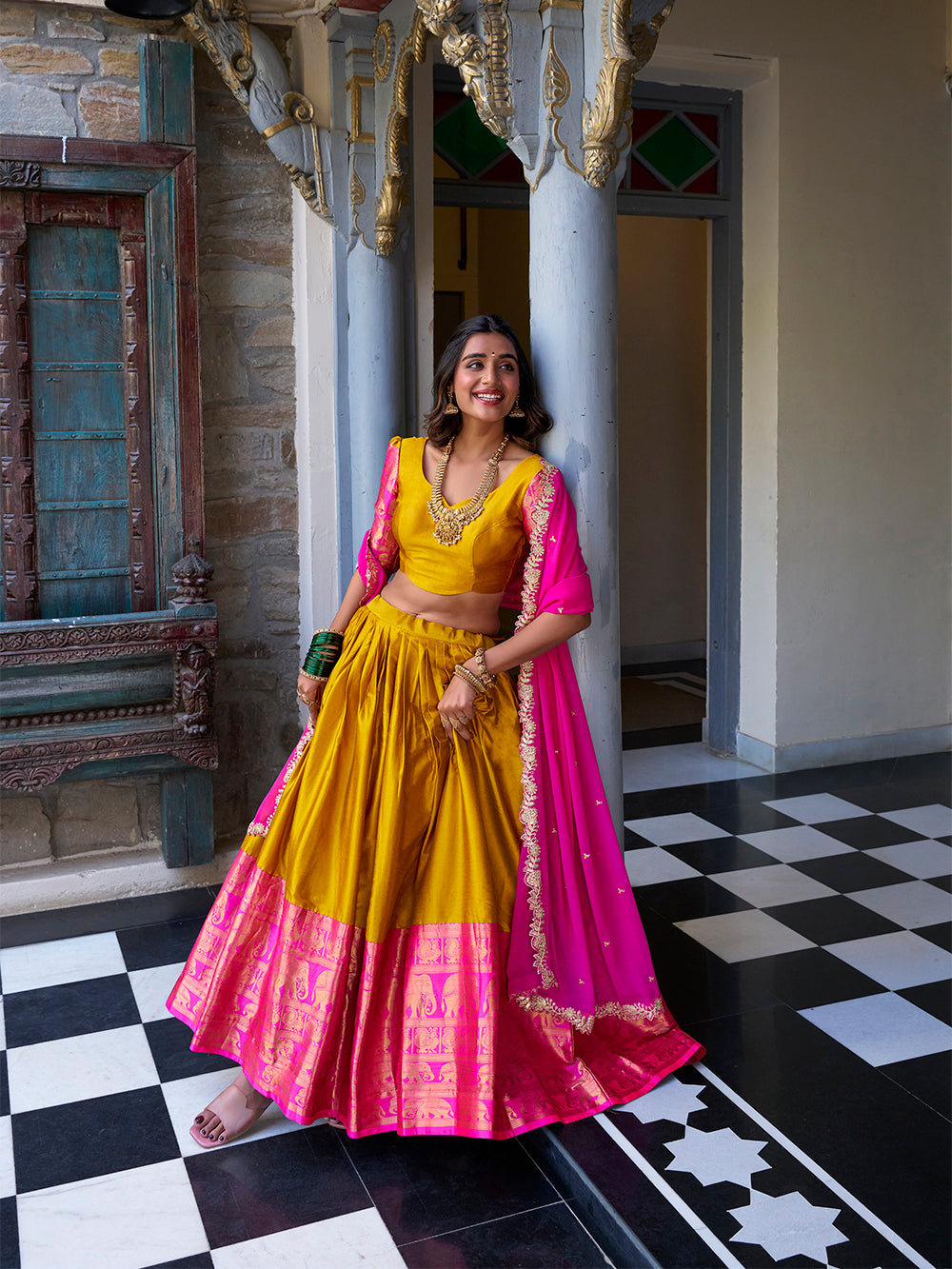 Mustard Color Zari Weaving Work Narayan Pattu Lehenga Choli