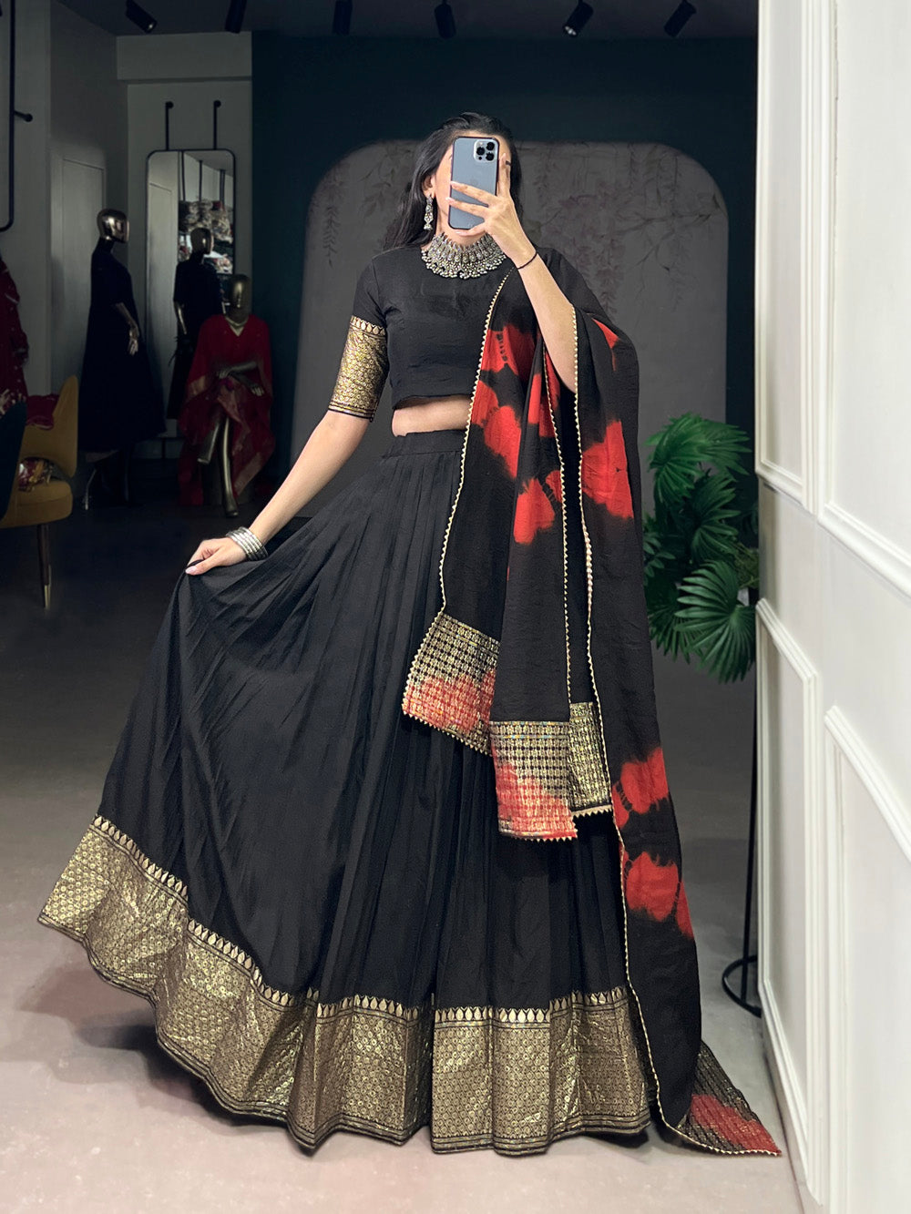 Black color Zari Weaving Work Chanderi Chaniya Choli