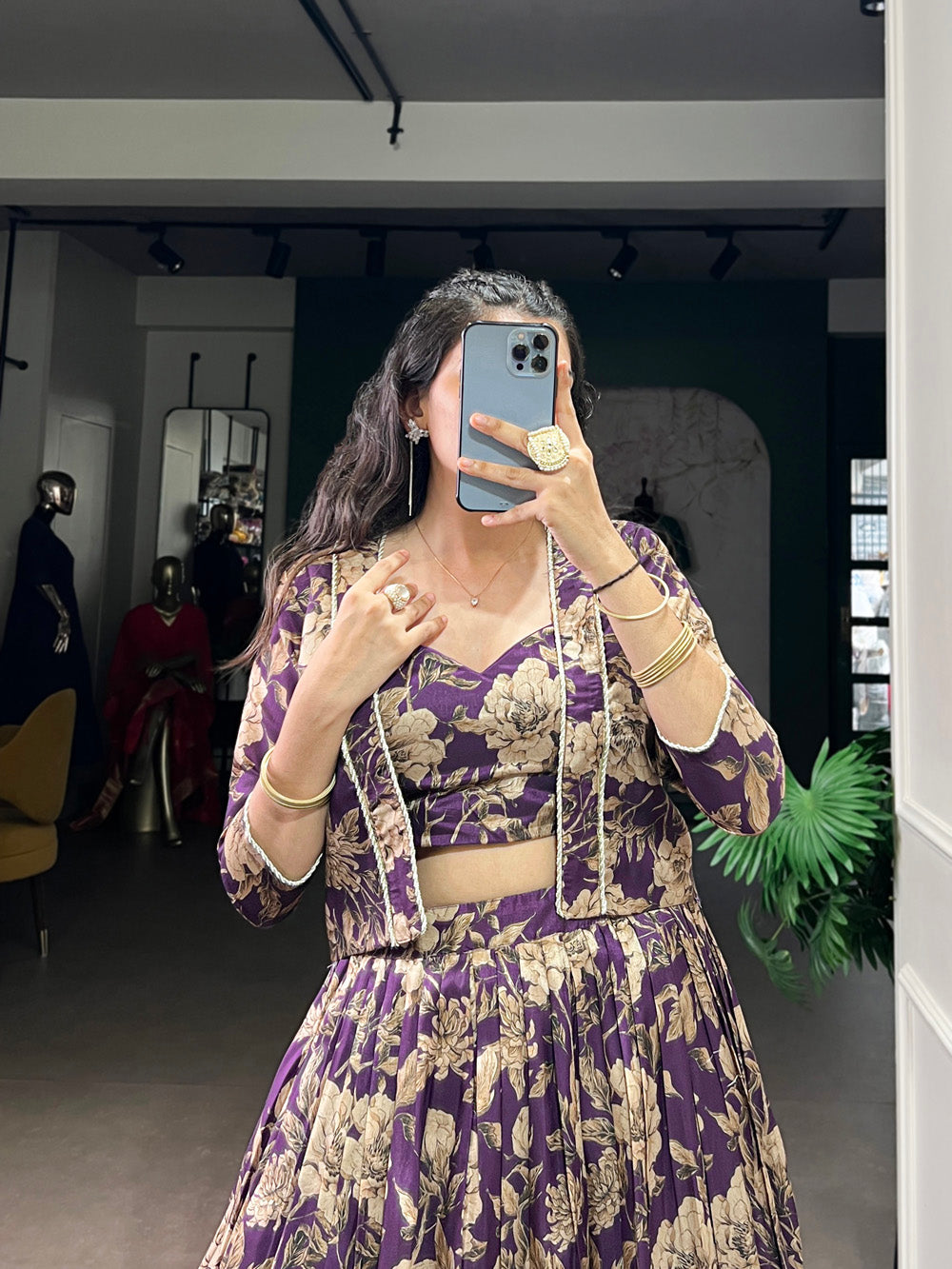 Floral print tasar silk lehenga for parties