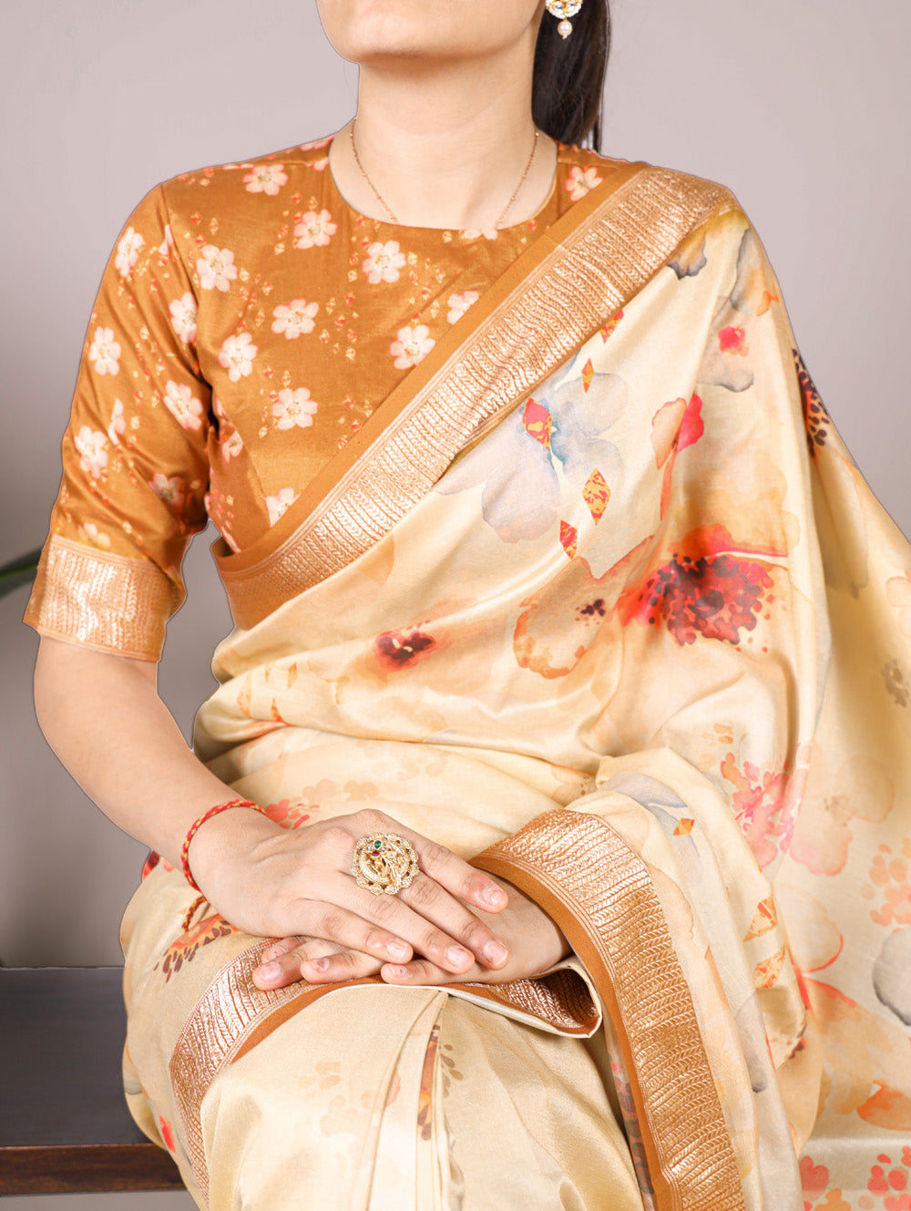 Tussar silk saree with brown blouse piece