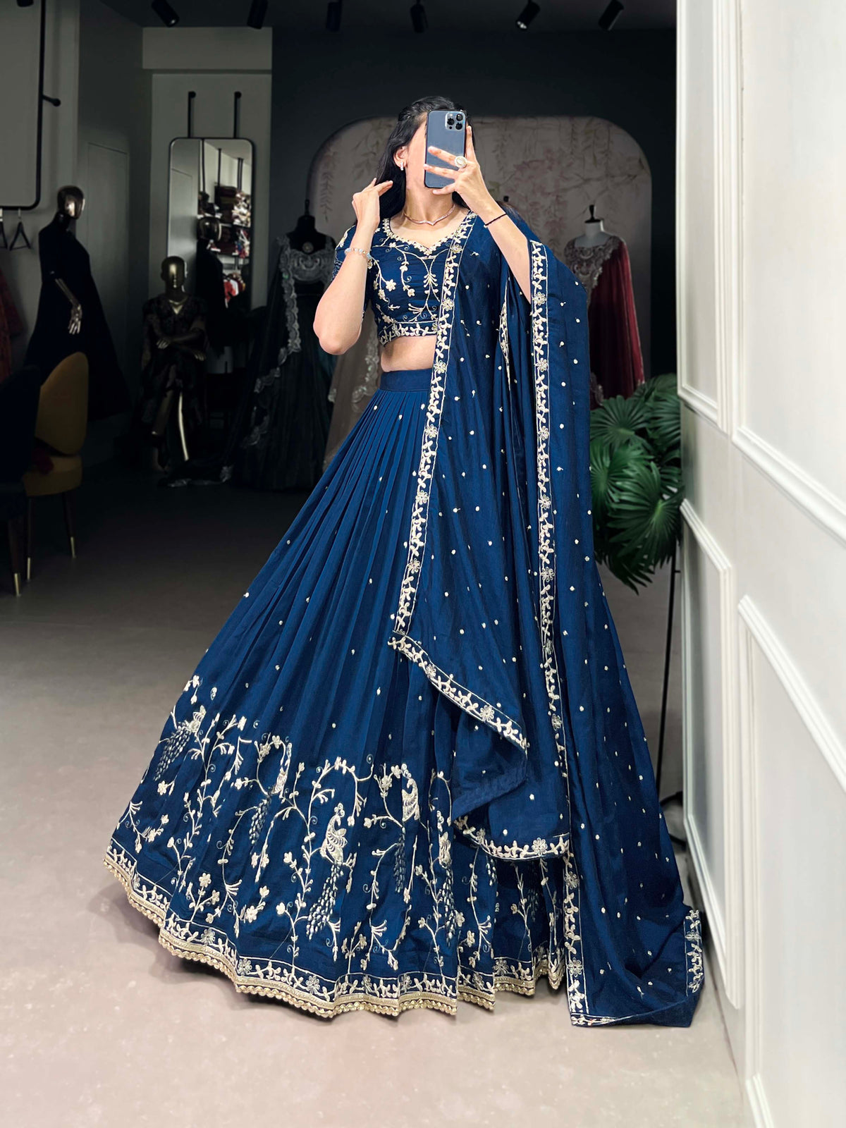 Firozi Color Sequins And Thread Embroidery Work Vichitra Silk Lehenga Choli