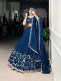Firozi Color Sequins And Thread Embroidery Work Vichitra Silk Lehenga Choli