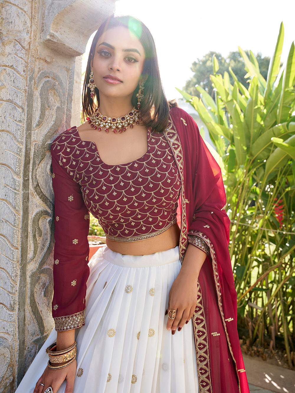 White Color Sequins And Thread Embroidery Work Georgette Lehenga Choli