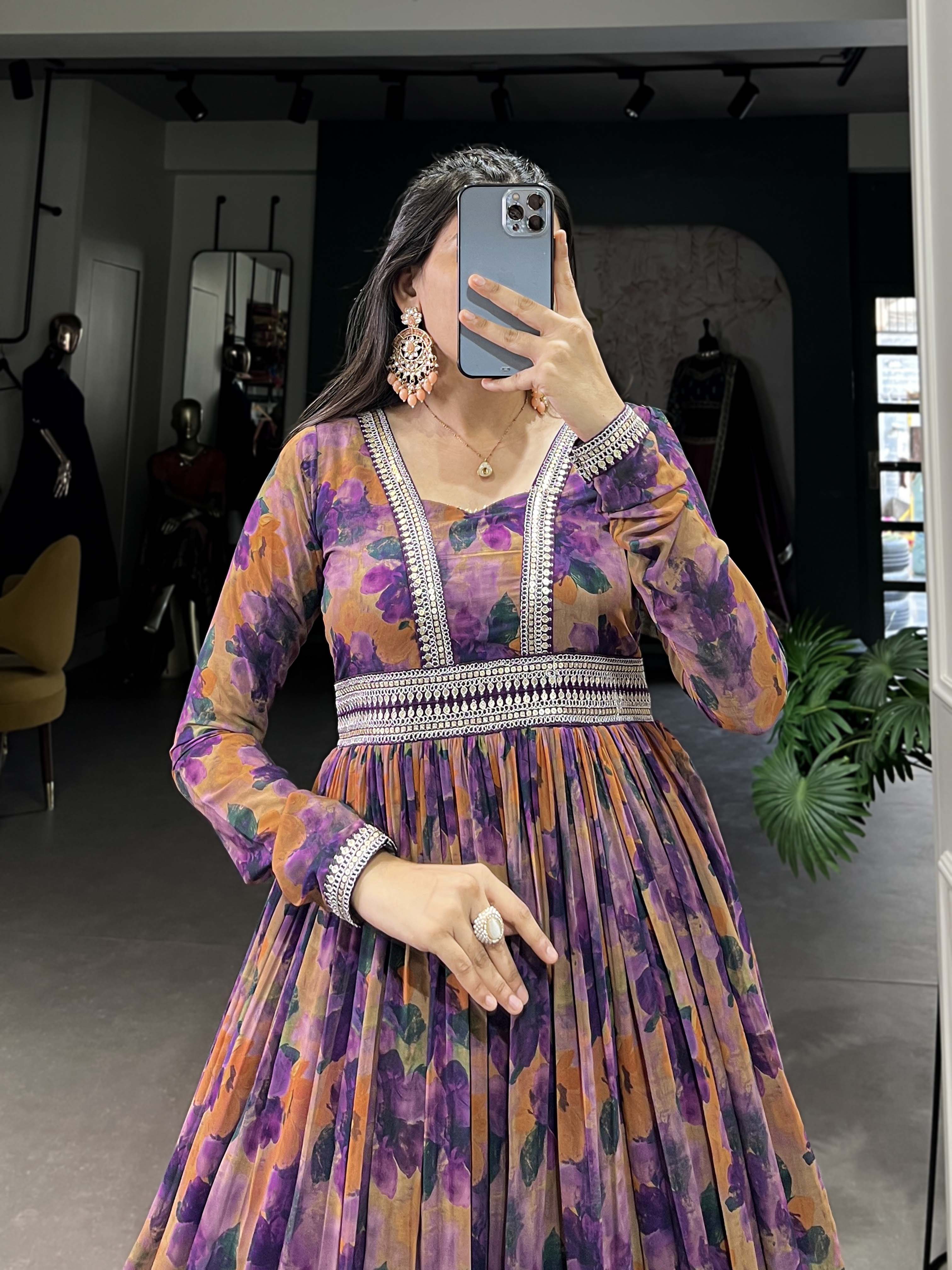Purple Color Floral Print With Lace Border Georgette Gown