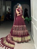 Elegant Maroon Lagdi Patta Gaji Silk Navratri Lehenga Choli With Dupatta