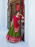 Mehendi Color Plain With Zari Weaving Work border Pure Chanderi Lehenga Choli