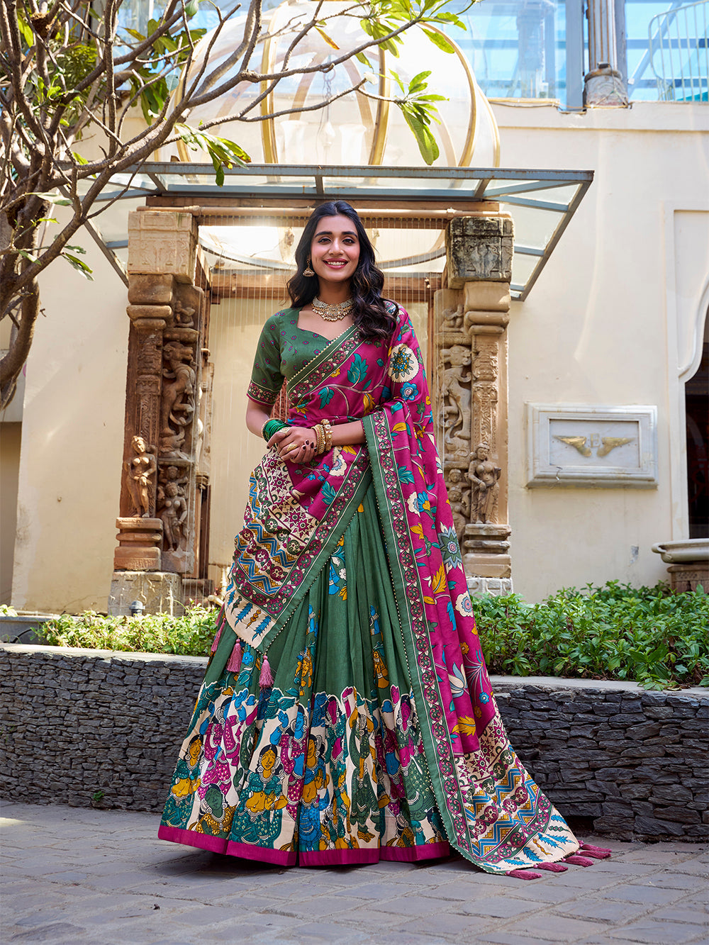Mehandi Color Kalamkari Print With Foil Work Tussar Silk Lehenga Choli