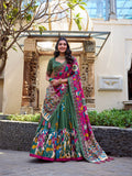 Mehandi Color Kalamkari Print With Foil Work Tussar Silk Lehenga Choli
