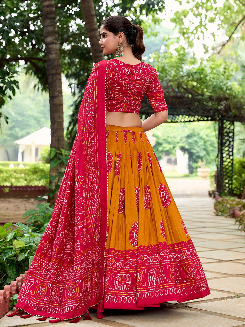 Mustard Color Bandhej Printed Tussar Silk Women Wear Lehenga Choli